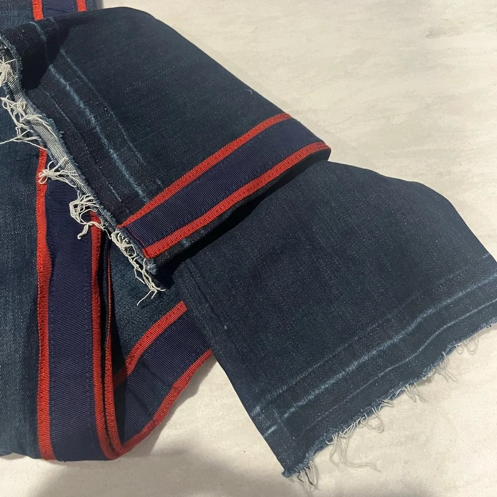 Veronica Beard Dark Blue Cropped Jeans with Red Side Stripes, hem is a raw edge - Picture 11 of 12